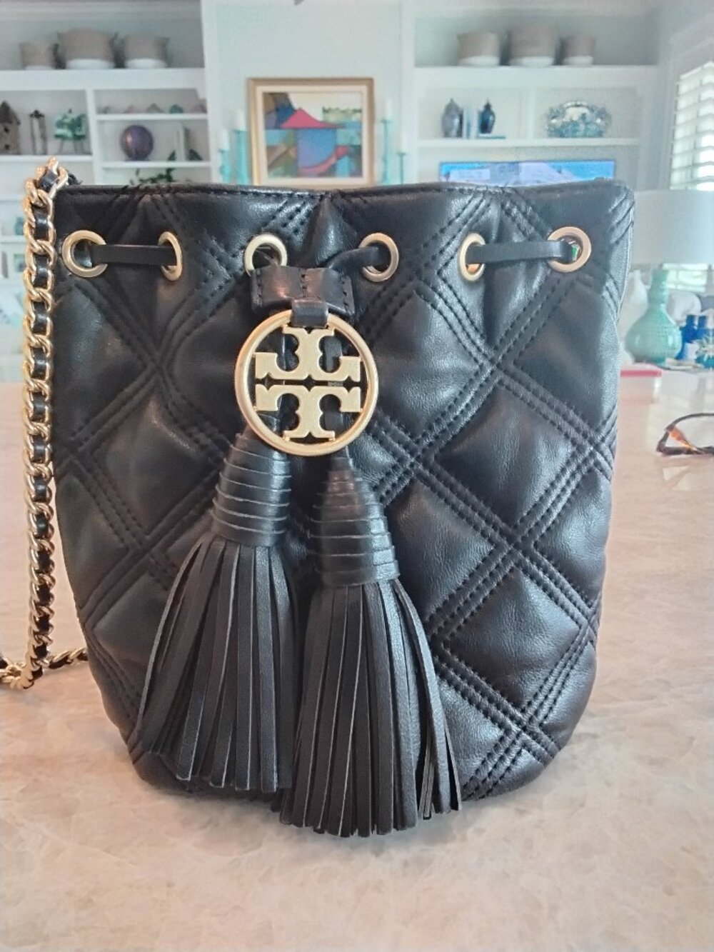 Tory Burch Black Leather Mini Quilted Fleming Crossbody Bag $428 2022